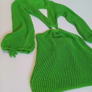 SHEIN Sz M Bright Green V-Neck Backless Sweater Dress With Tie Waist